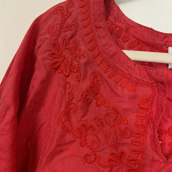 Chicos 100% Silk Bohemian Embroidered Puff Sleeve Blouse Pink Size 1 *Flawed* - Picture 6 of 16
